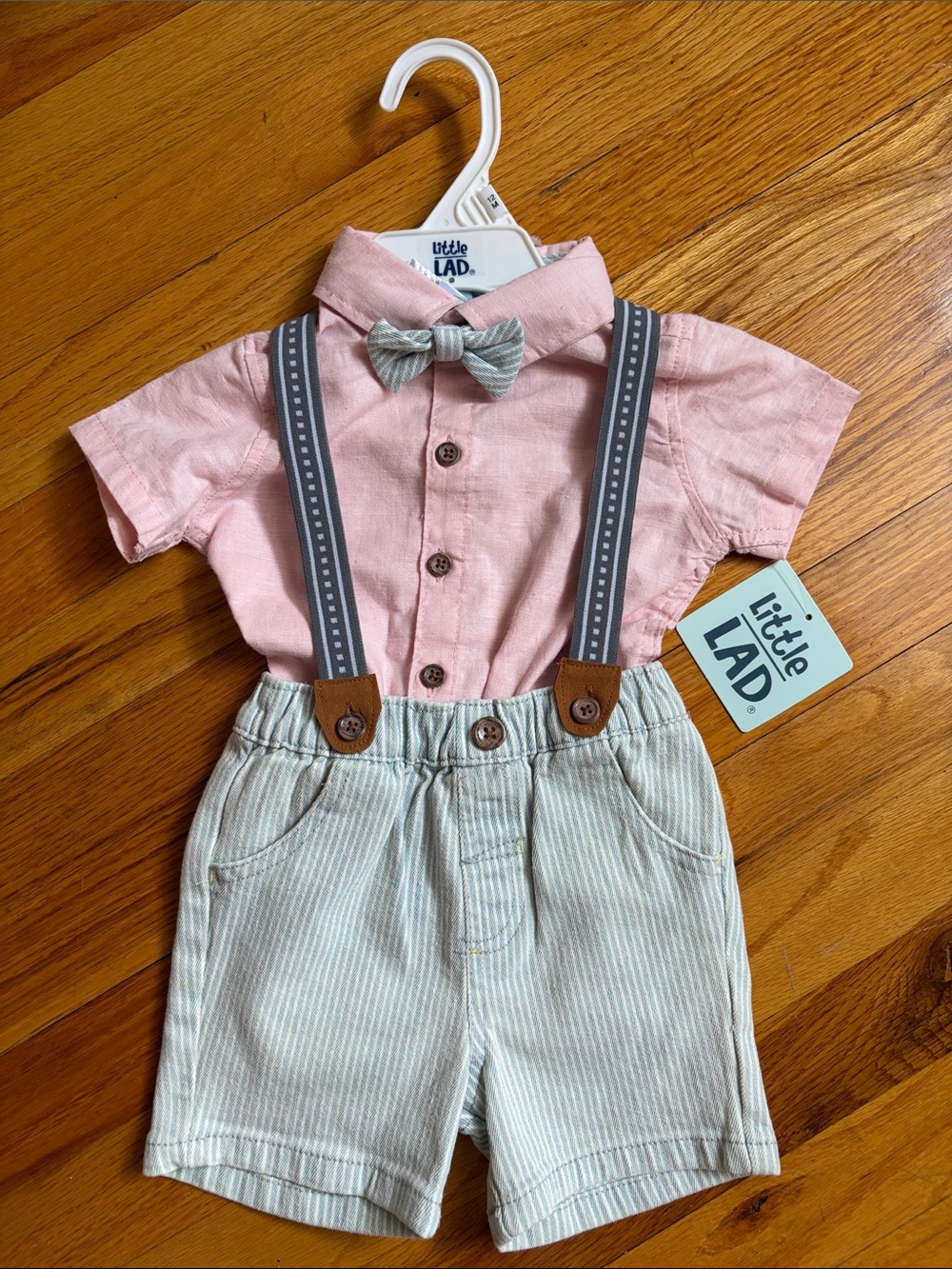 Little LAD Pink Shirt & Gray Suspenders Shorts Set NWT